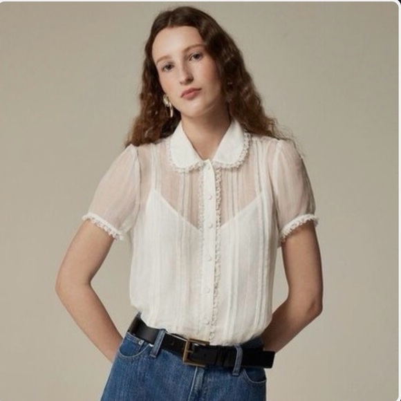 J. Crew Tops - J.CREW Ivory Sheer Chiffon Lace
Trim Button Up Shirt Size 6 - NWT